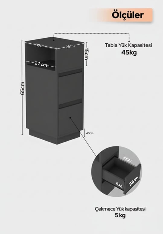 Alve Dar Komodin – 2 Çekmeceli, Değiştirilebilir Açık Bölmeli Yan Sehpa Yatak Odası & Oturma Odası Minimal Tasarım