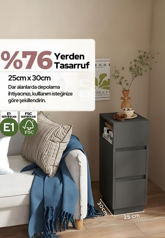 Alve Dar Komodin – 2 Çekmeceli, Değiştirilebilir Açık Bölmeli Yan Sehpa Yatak Odası & Oturma Odası Minimal Tasarım