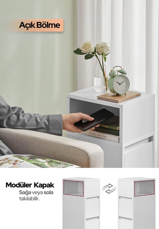 Alve Dar Komodin – 2 Çekmeceli, Değiştirilebilir Açık Bölmeli Yan Sehpa Yatak Odası & Oturma Odası Minimal Tasarım
