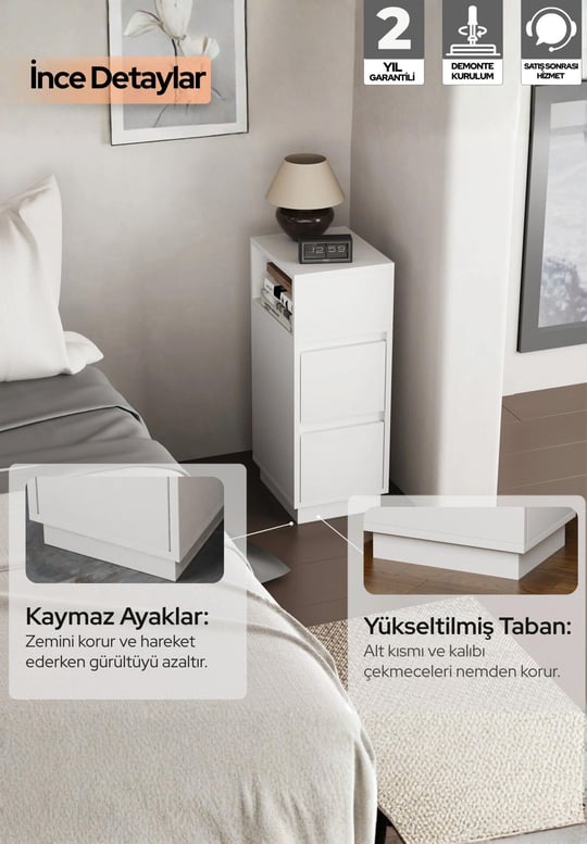 Alve Dar Komodin – 2 Çekmeceli, Değiştirilebilir Açık Bölmeli Yan Sehpa Yatak Odası & Oturma Odası Minimal Tasarım