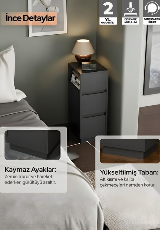 Alve Dar Komodin – 2 Çekmeceli, Değiştirilebilir Açık Bölmeli Yan Sehpa Yatak Odası & Oturma Odası Minimal Tasarım