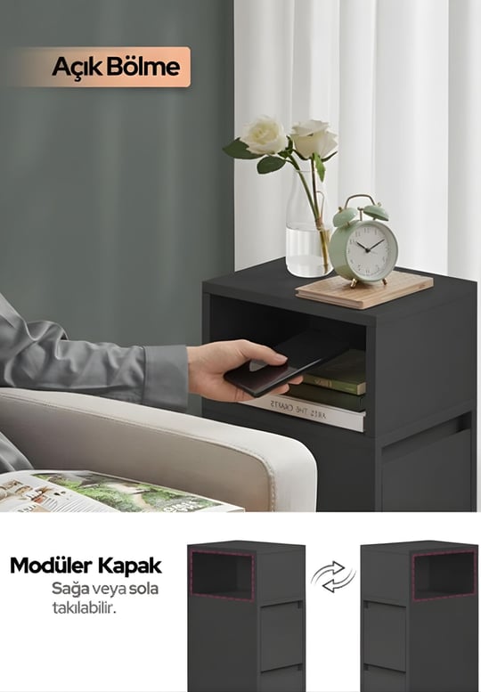 Alve Dar Komodin – 2 Çekmeceli, Değiştirilebilir Açık Bölmeli Yan Sehpa Yatak Odası & Oturma Odası Minimal Tasarım