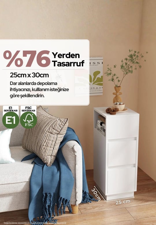 Alve Dar Komodin – 2 Çekmeceli, Değiştirilebilir Açık Bölmeli Yan Sehpa Yatak Odası & Oturma Odası Minimal Tasarım