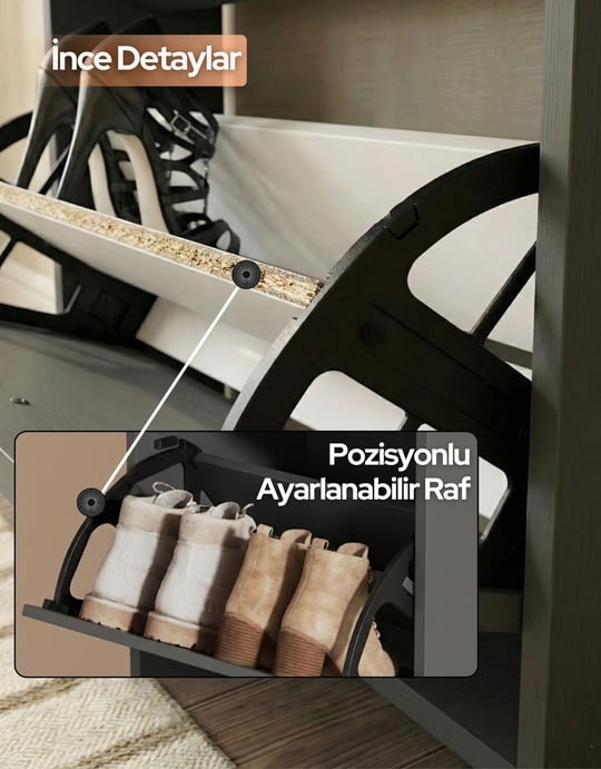 Düşer Kapak Ahşap Ayakkabılık Kayar Raflı Ayakkabılık 3 Bölmeli