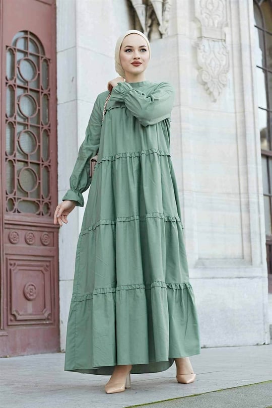 Fırfırlı Salaş Tesettür Elbise 10253 Su Yeşili