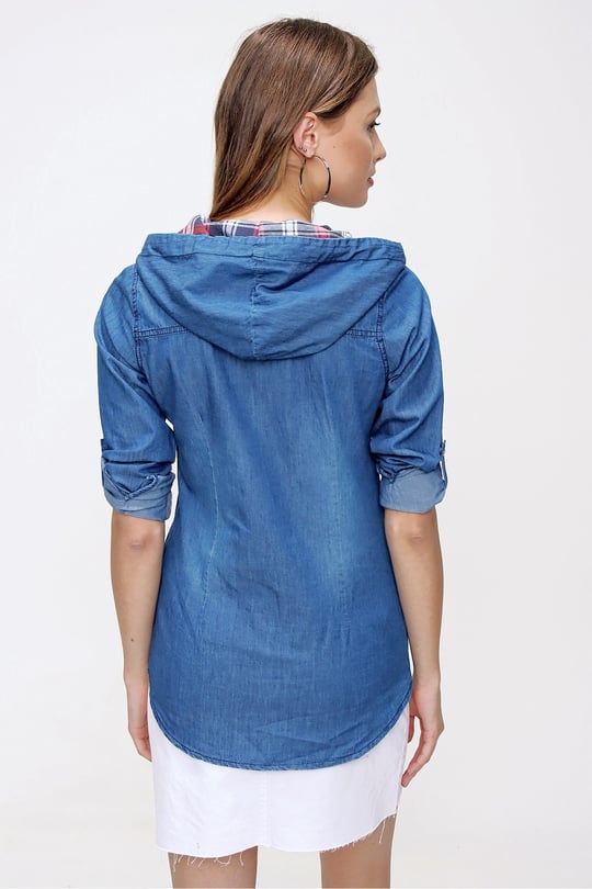 Kadın Mavi Kapşonlu Kot Gömlek I Butik Buruç'ta