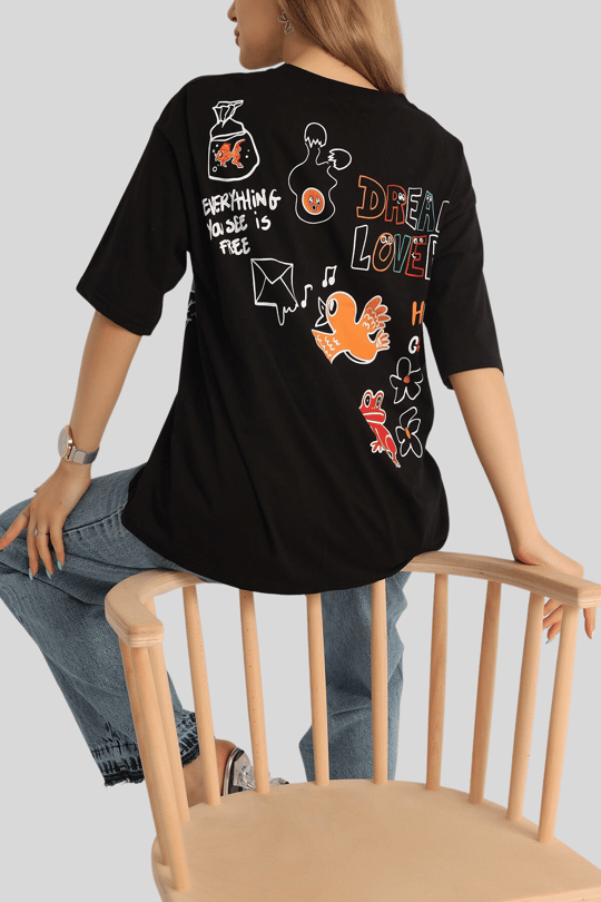 Kadın Siyah Önü Ve Arkası Baskılı Oversize Tişört I Butik Buruç'ta