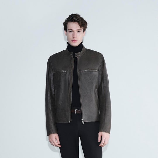 Erkek Kahve Hakim Yakalı Fit Deri Ceket