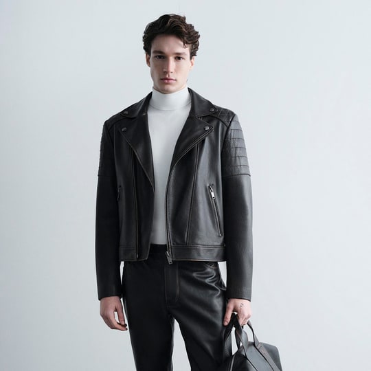 Erkek Siyah Vintage Deri Biker Ceket