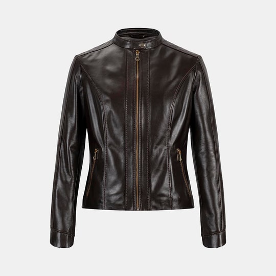Kadın Koyu Kahve Hakim Yakalı Fit Deri Ceket