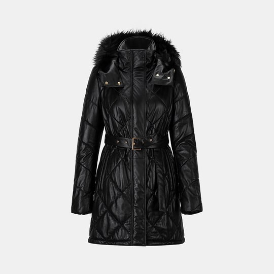 Kadın Siyah Hakim Yakalı Kapüşonlu Deri Mont