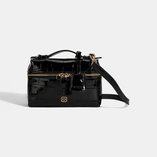 Kadın Siyah Kroko Baskılı Mini Deri El Çantası