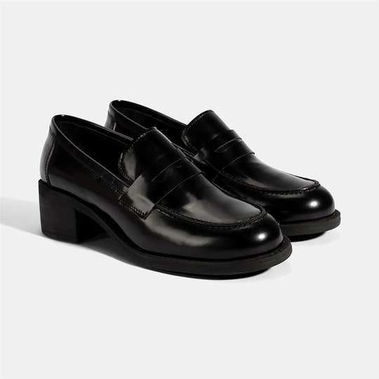 Kadın Siyah Topuklu Deri Loafer