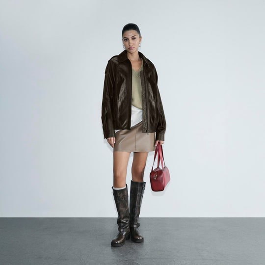 Kadın Yeşil Gömlek Yakalı Deri Bomber Ceket