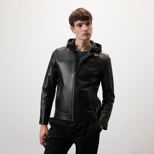 Selino Siyah Erkek Kapüşonlü Deri Mont
