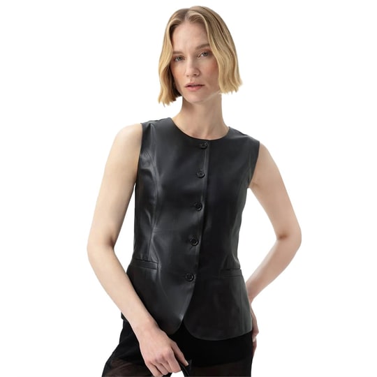Siena Siyah Kadın Deri Keten Yelek/Bluz