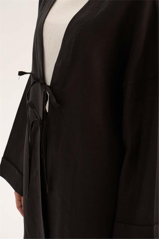 %100 Keten Kimono Siyah