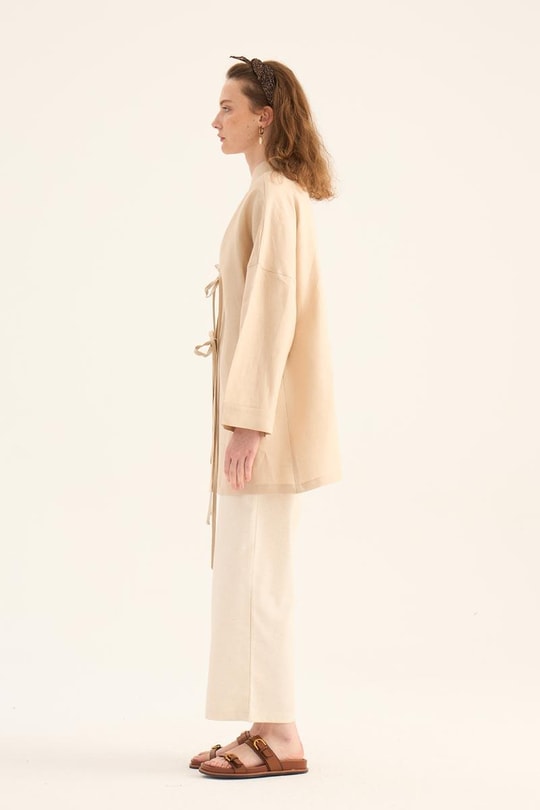 %100 Keten Kimono Krem