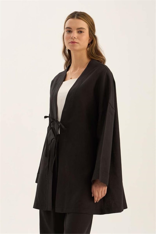 %100 Keten Kimono Siyah