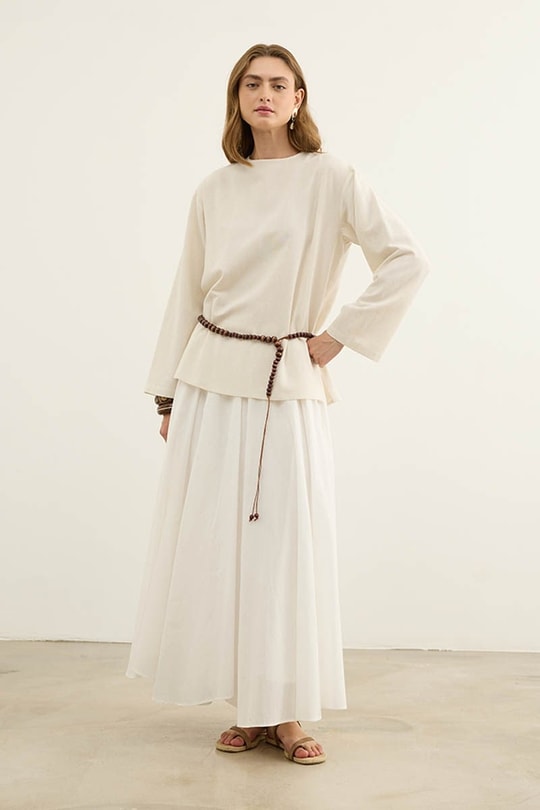 Bisiklet Yaka Basic Keten Bluz Naturel
