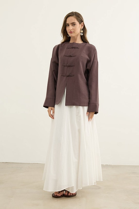 Çin Düğmeli Tensel Kimono Mürdüm