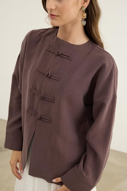 Çin Düğmeli Tensel Kimono Mürdüm