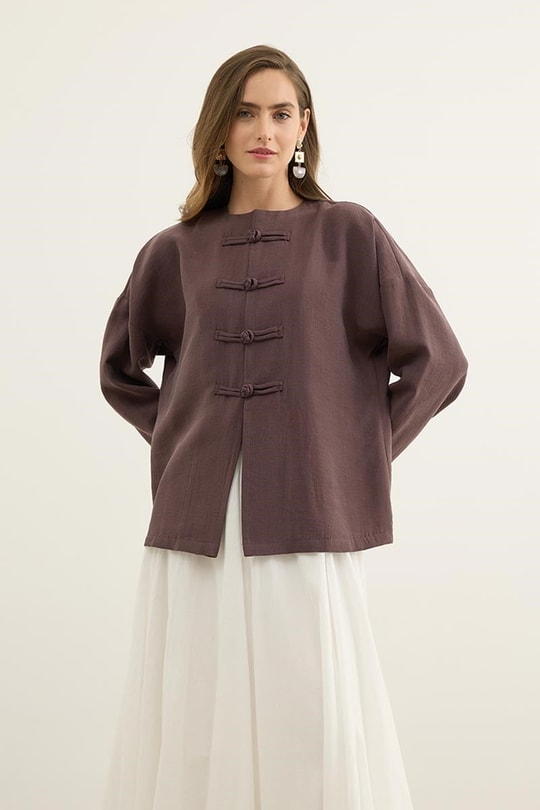 Çin Düğmeli Tensel Kimono Mürdüm
