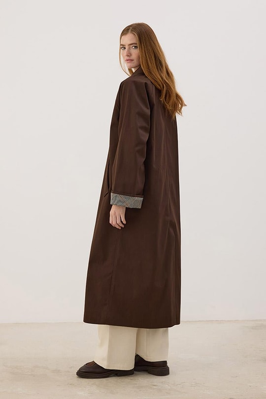 Ekose Manşetli Uzun Trençkot Acı kahve