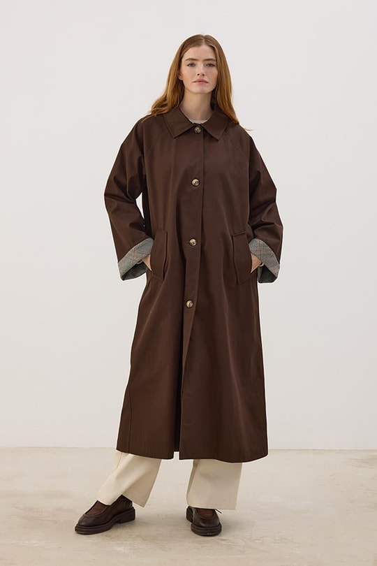 Ekose Manşetli Uzun Trençkot Acı kahve