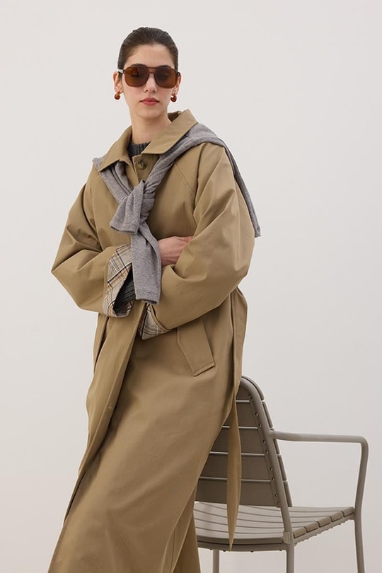 Ekose Manşetli Uzun Trençkot Camel