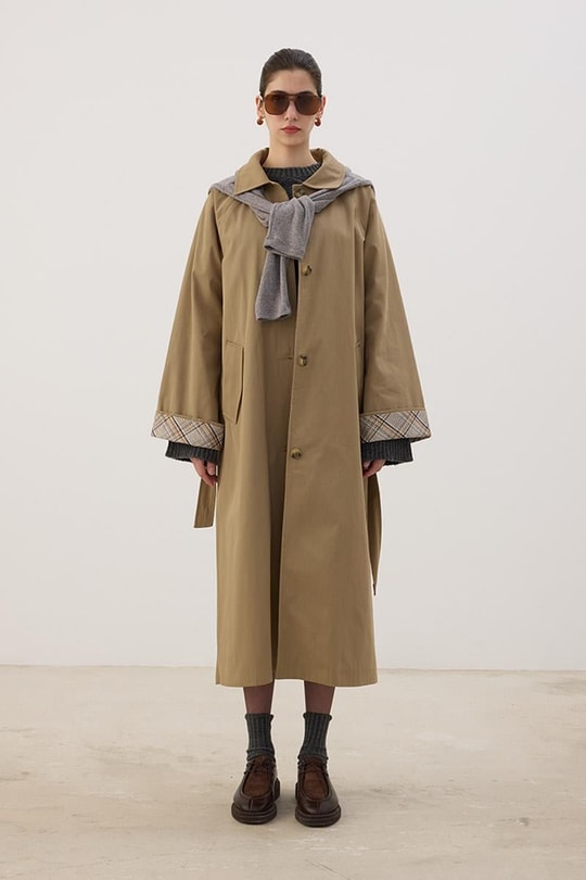 Ekose Manşetli Uzun Trençkot Camel