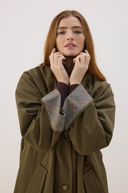 Ekose Manşetli Uzun Trençkot Haki