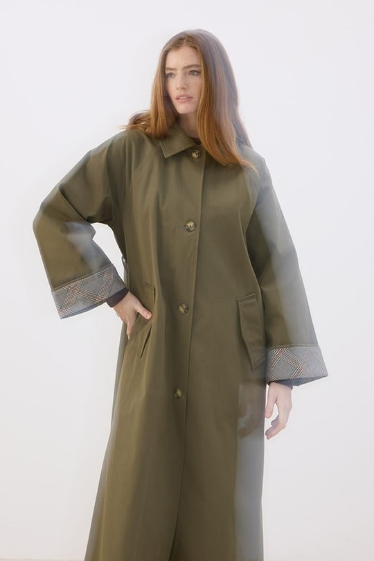 Ekose Manşetli Uzun Trençkot Haki