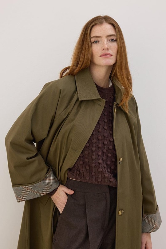 Ekose Manşetli Uzun Trençkot Haki