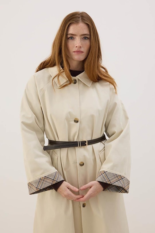 Ekose Manşetli Uzun Trençkot Taş