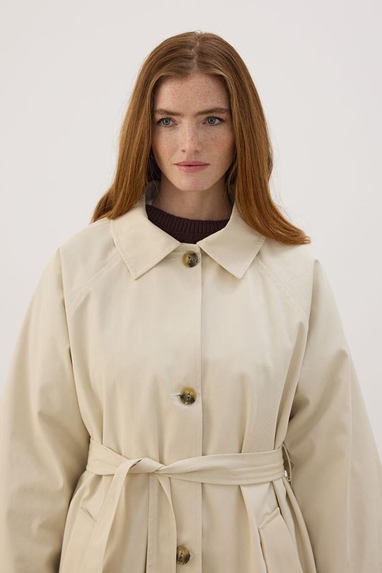 Ekose Manşetli Uzun Trençkot Taş