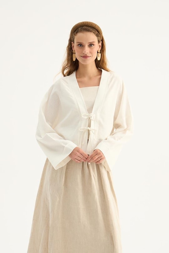 Etek Üstü Keten Kimono Ekru