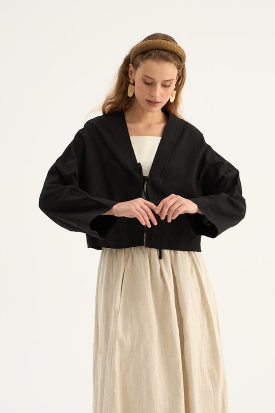 Etek Üstü Keten Kimono Siyah