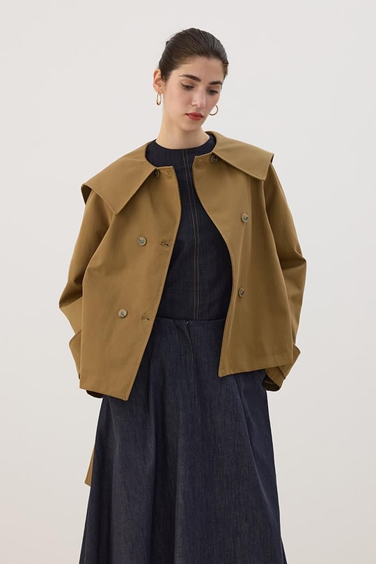 Geniş Yaka Kısa Trençkot Yağ Yeşili