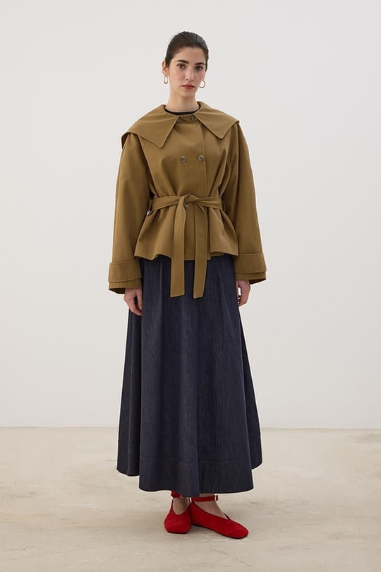 Geniş Yaka Kısa Trençkot Yağ Yeşili