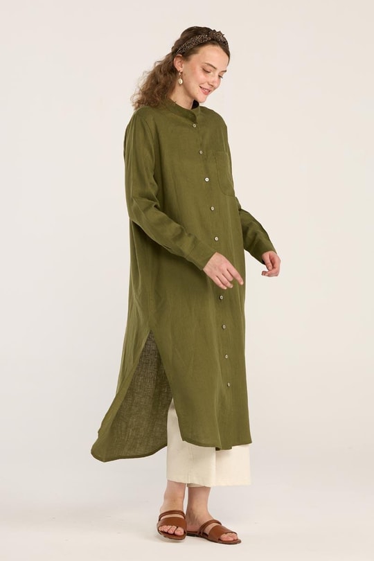 Hakim Yaka %100 Keten Tunik Haki