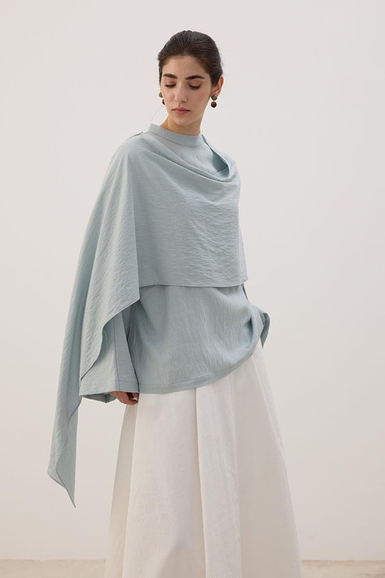 Şal Detaylı Bluz Soft Mavi