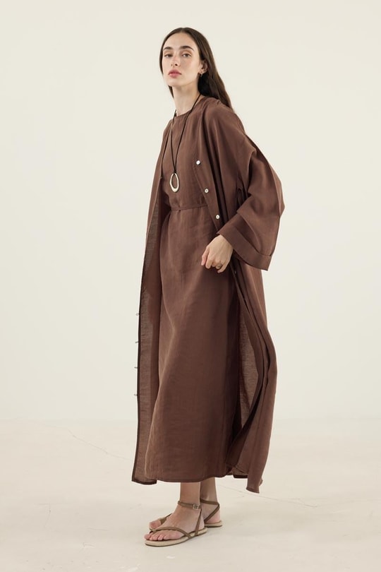 Taşlanmış İnce Tensel Abaya Kahverengi