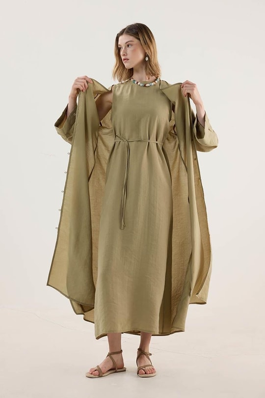 Taşlanmış İnce Tensel Abaya Zeytin Yeşili