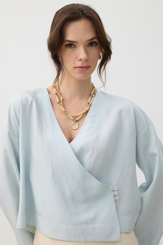 Üç Düğmeli Kimono Buz Mavisi