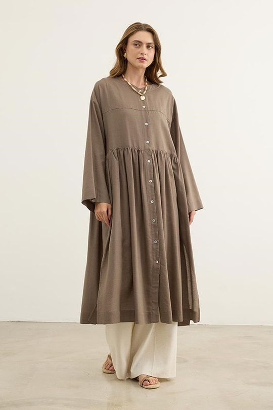 Uzun Kimono Tunik Koyu Vizon