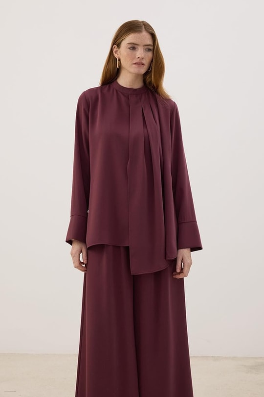 Yakası Pileli Bluz Mürdüm