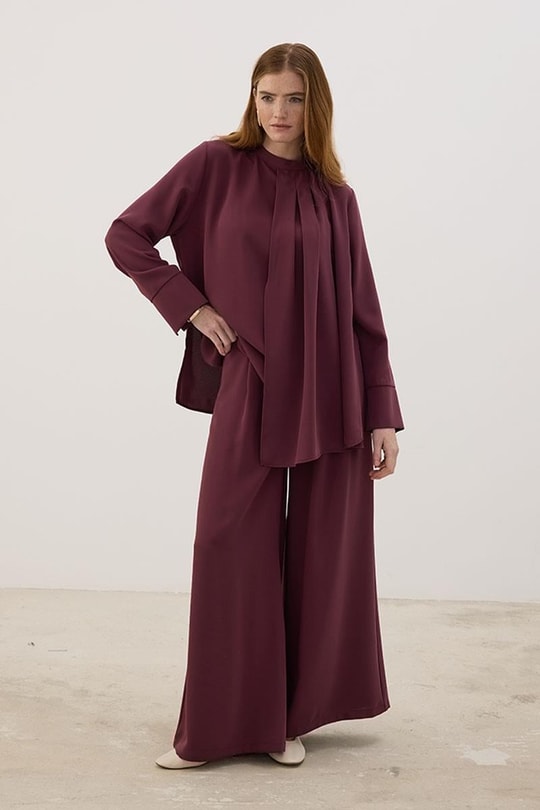 Yakası Pileli Bluz Mürdüm