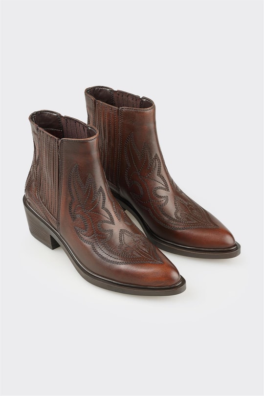 Kahve Deri Kadın Western Bot