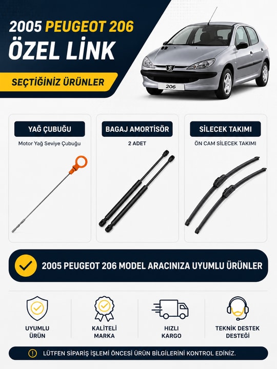 İTHAL2005 Peugeot 206 Yağ Çubuğu + 2 Adet Bagaj Amortisörü + Ön Cam Silecek Takımı Uyumlu Set**6618 wp